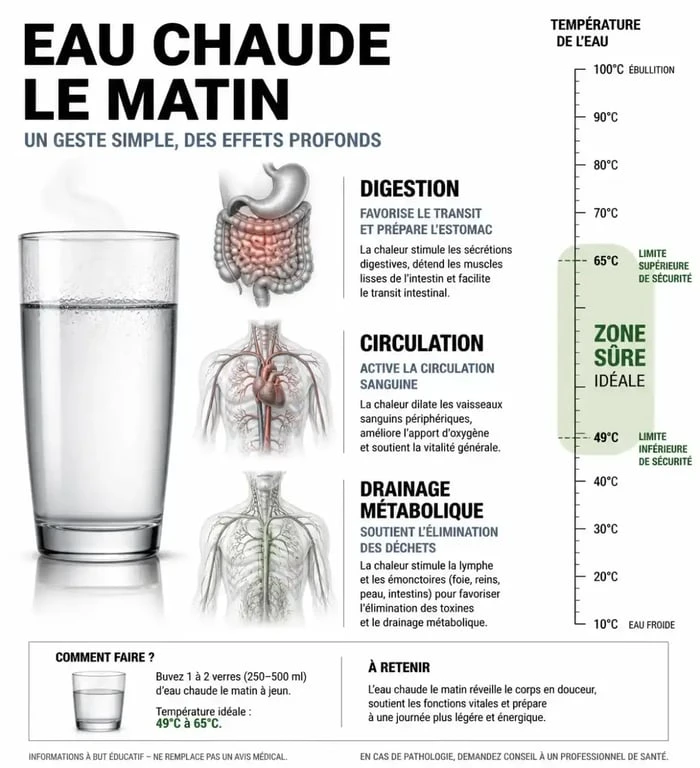 Infographie des bienfaits de boire de l'eau chaude le matin pour la digestion et le métabolisme