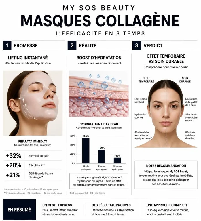 Infographie récapitulative sur l'efficacité des masques My SOS Beauty et avis client