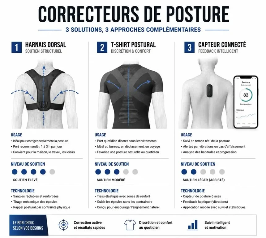 Comparatif visuel des types de correcteurs de posture pour choisir le meilleur correcteur de posture adapté à ses besoins