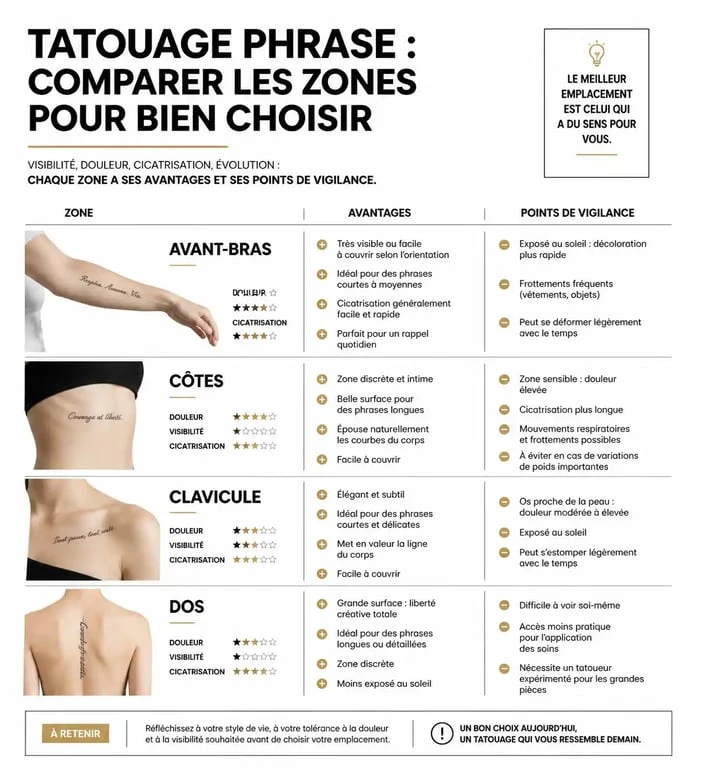 Infographie comparative des zones du corps pour un tatouage phrase