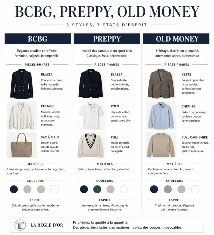 Infographie comparative des styles vestimentaires BCBG, Preppy et Old Money pour homme