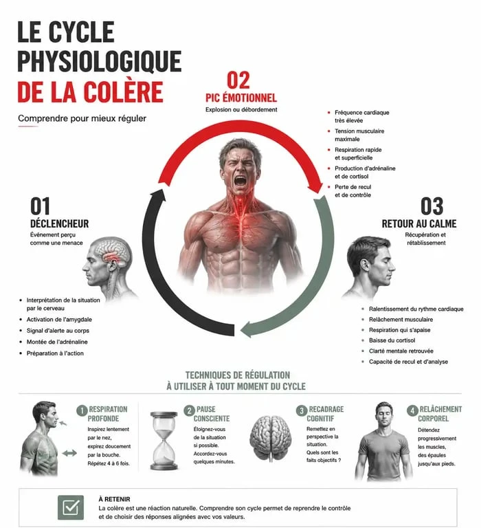 Infographie expliquant les mécanismes physiologiques de la colère et les méthodes pour gérer sa colère efficacement.