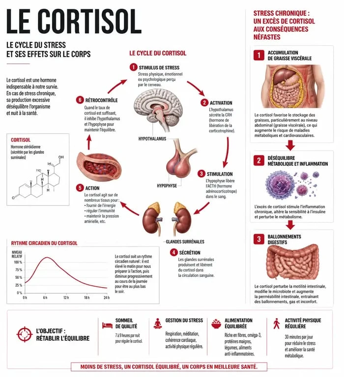 Schéma explicatif du lien entre taux de cortisol élevé et ventre gonflé