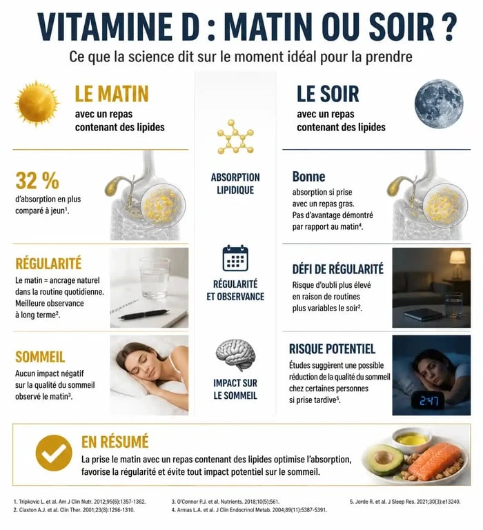 Infographie comparative : pourquoi prendre la vitamine D le soir pour une meilleure absorption et régularité.