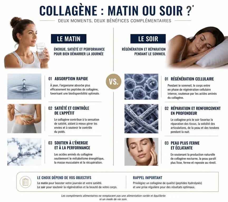 Infographie comparative : quand prendre le collagène matin ou soir pour optimiser ses bienfaits