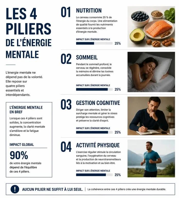 Infographie des quatre piliers pour retrouver de l'énergie mentale : nutrition, sommeil, gestion cognitive et activité physique.