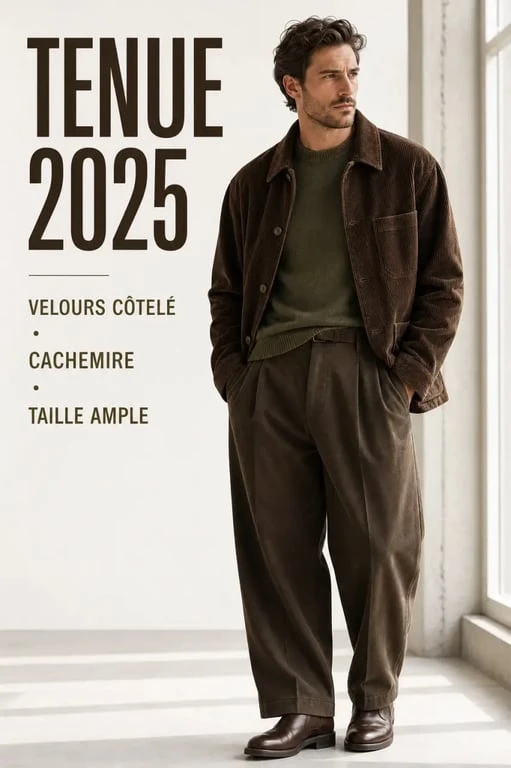 Look homme 2025 tendance avec veste en velours côtelé et pantalon large