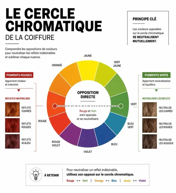 Cercle chromatique coiffure pour neutraliser les reflets rouges des cheveux