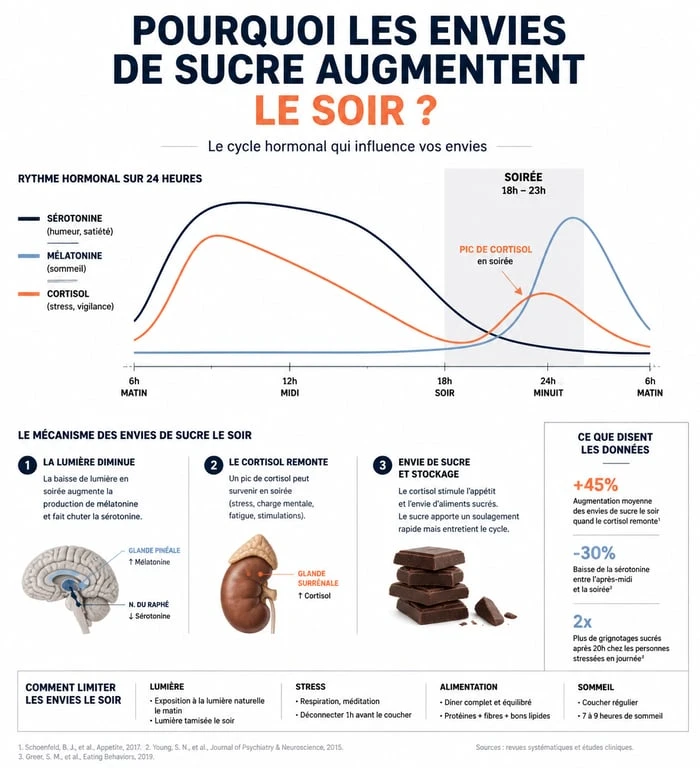 Infographie expliquant les mécanismes hormonaux derrière l'envie de sucre le soir