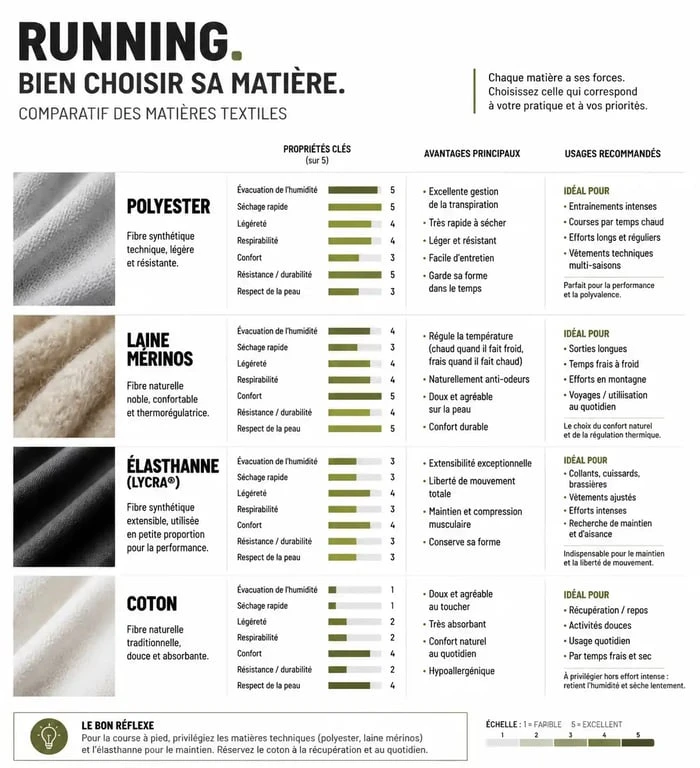 Tableau comparatif des matières pour une tenue running homme : polyester, laine mérinos, élasthanne et coton