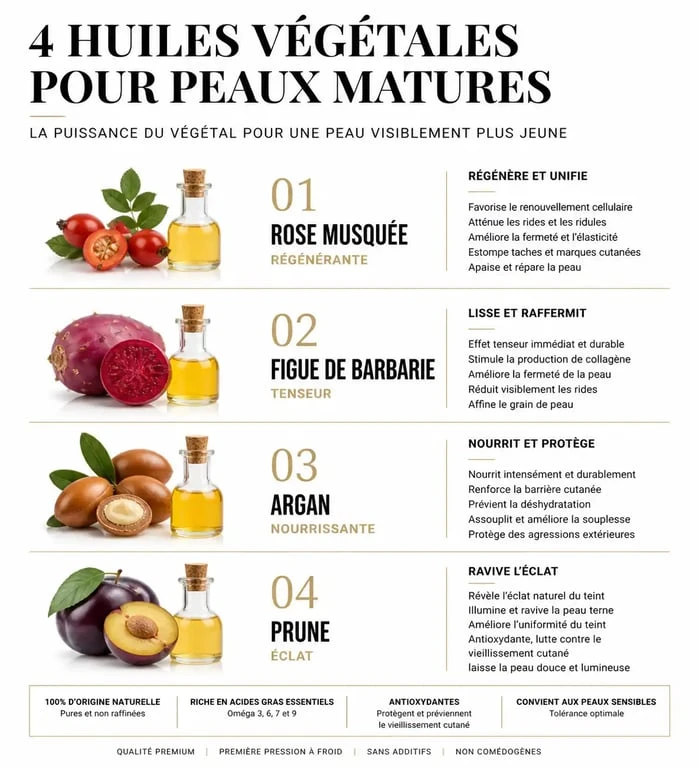 Infographie comparative des meilleures huiles visage pour peau mature et leurs bienfaits