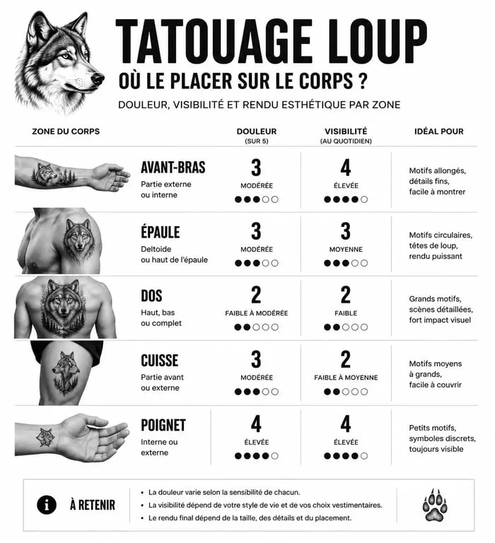 Infographie des zones du corps pour un tatouage loup : emplacement, douleur et visibilité