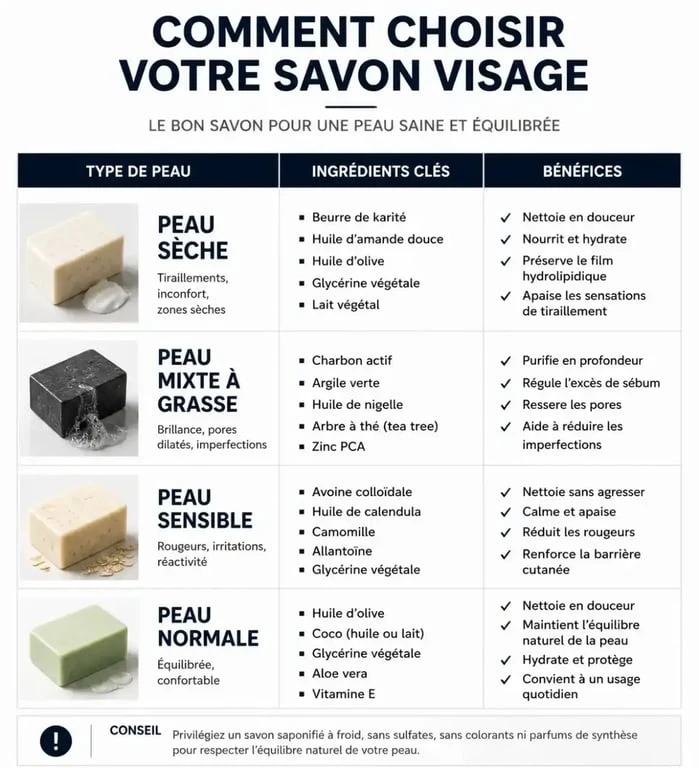 Infographie récapitulative pour choisir son savon nettoyage visage selon son type de peau