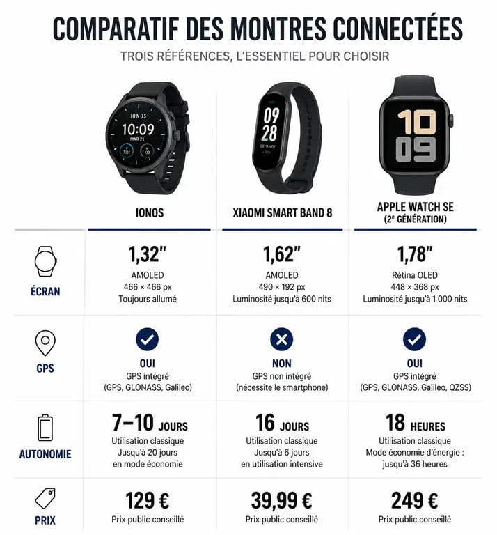 Comparatif technique montre Ionos, Xiaomi et Apple Watch pour aider à choisir sa montre connectée