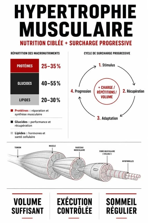 Infographie sur les principes pour prendre des muscle rapidement : nutrition et surcharge progressive