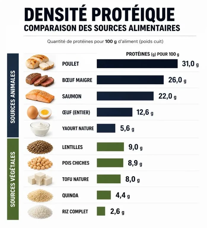 Infographie comparative des sources de repas riches en protéines animales et végétales