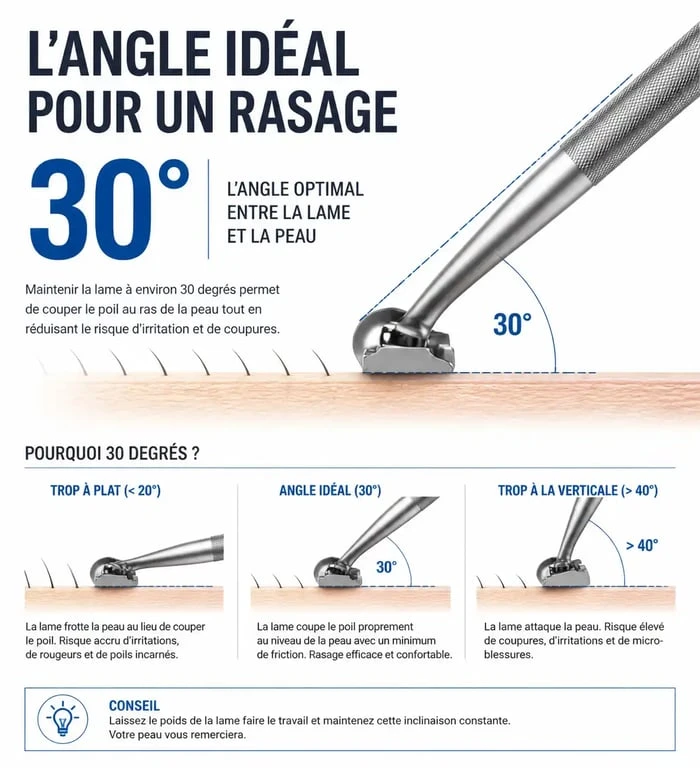 Schéma illustrant l'angle de 30 degrés pour utiliser un rasoir correctement et éviter les irritations