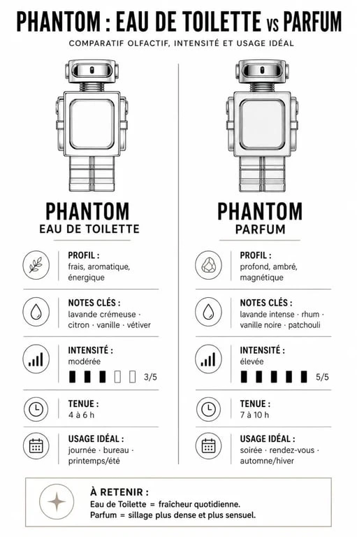 Comparatif des notes et intensité entre Phantom Eau de Toilette et Phantom Parfum pour homme