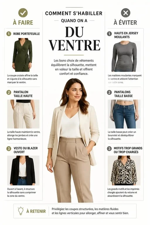 Infographie conseils mode comment s'habiller quand on a du ventre
