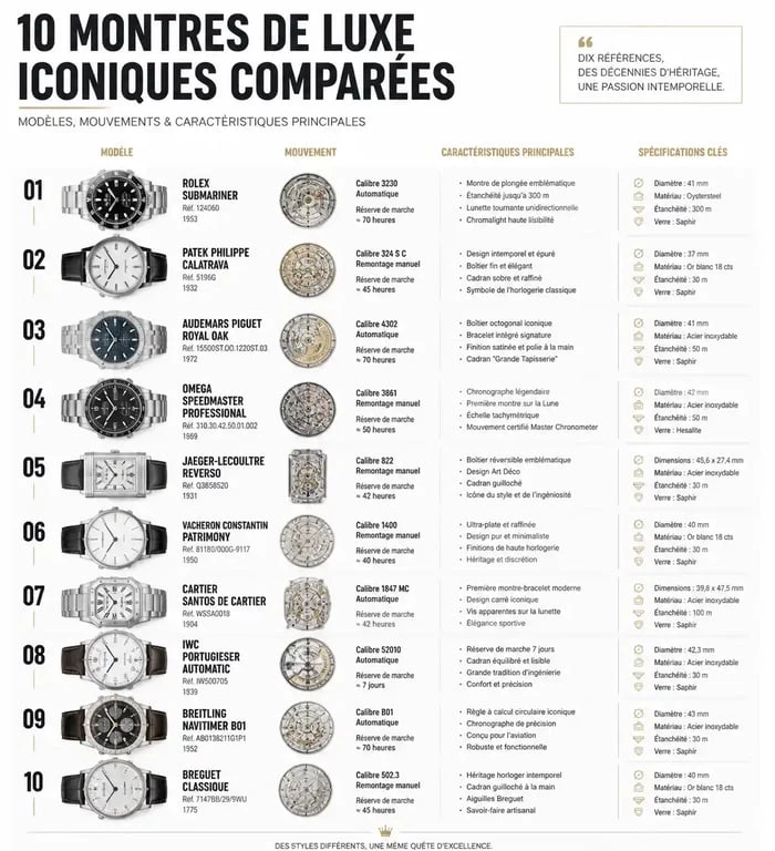 Infographie comparative des 10 meilleures montres de luxe emblématiques et leurs caractéristiques techniques