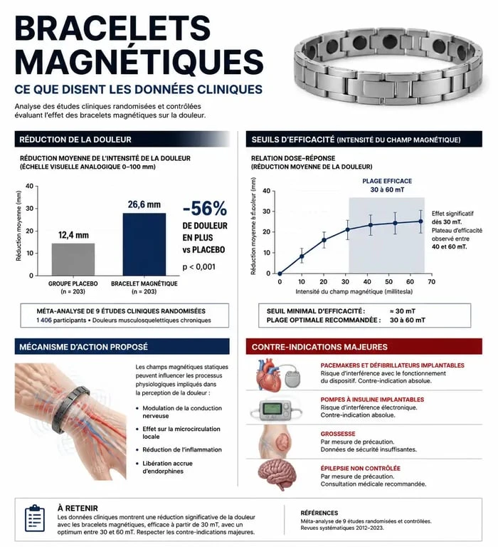 Infographie scientifique sur l'efficacité et les avis médicaux concernant les bracelets magnétiques