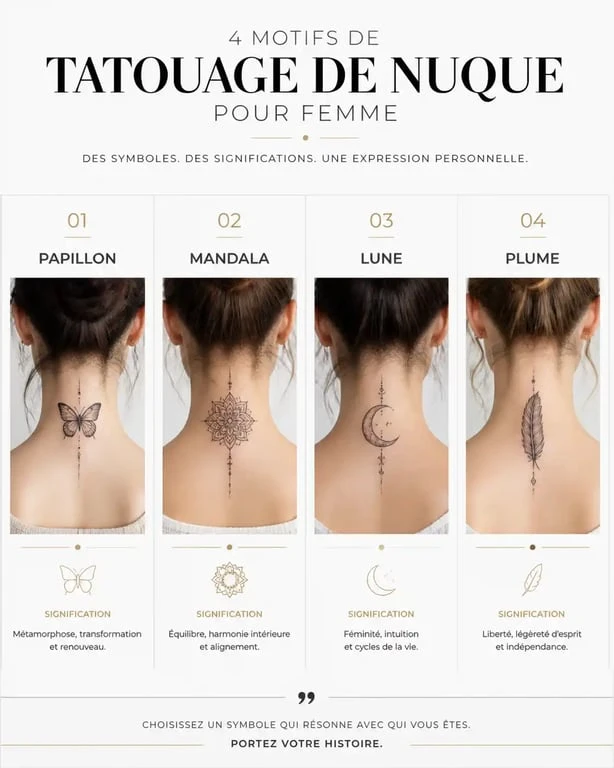Signification des motifs de tatouage nuque pour femme : papillon, mandala, lune et plume
