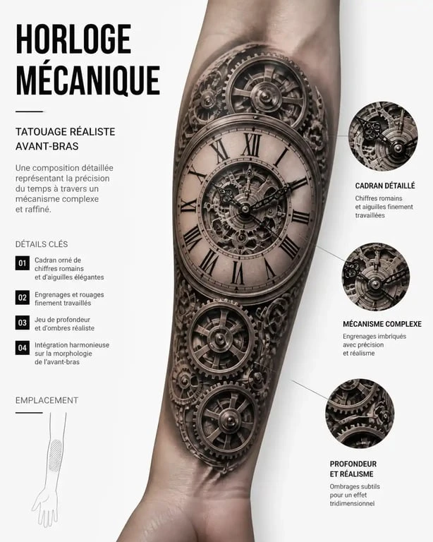 Tatouage horloge réaliste sur avant-bras avec détails d'engrenages