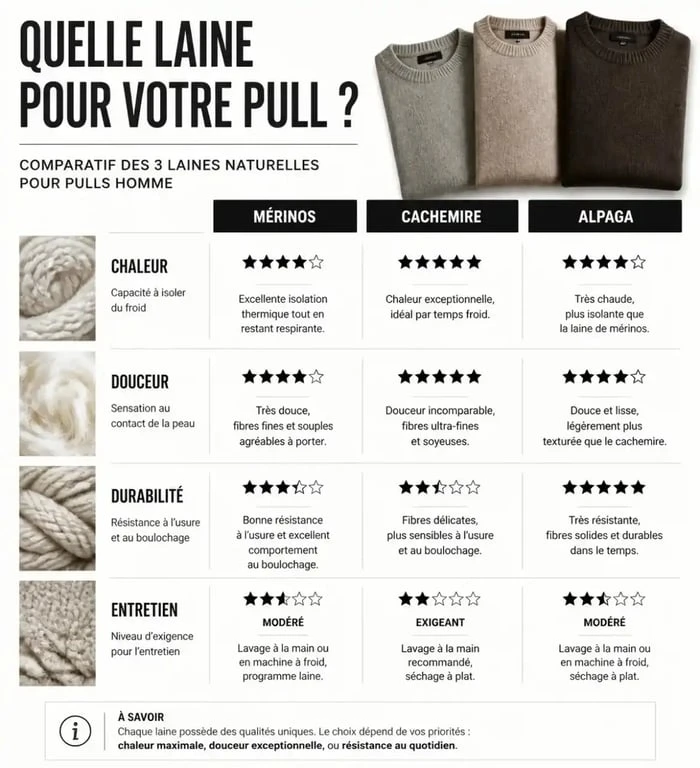 Infographie comparative des matières pour les plus beaux pulls hommes : mérinos, cachemire et alpaga