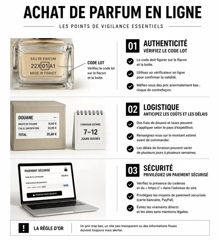 Infographie résumant les conseils et points de vigilance pour acheter des parfums moins chers en toute sécurité en ligne