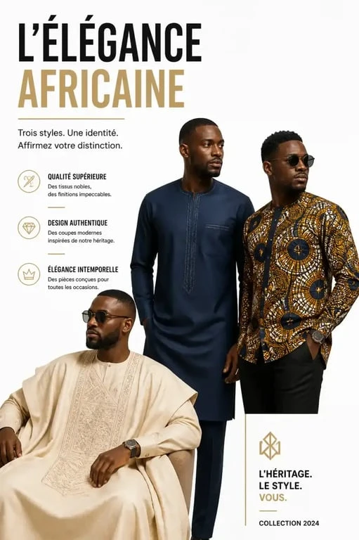 Trois hommes portant différentes tenues africaines pour homme : Agbada, Kaftan et chemise en Wax pour un style élégant.