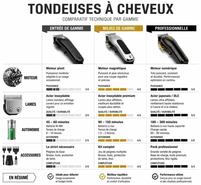 Comparatif technique des tondeuses à cheveux : entrée de gamme, milieu de gamme et professionnel