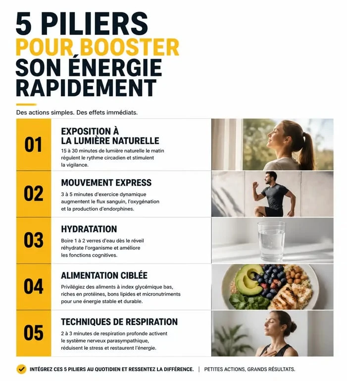 Infographie sur comment avoir de l'énergie rapidement : conseils pratiques et naturels pour retrouver du tonus.