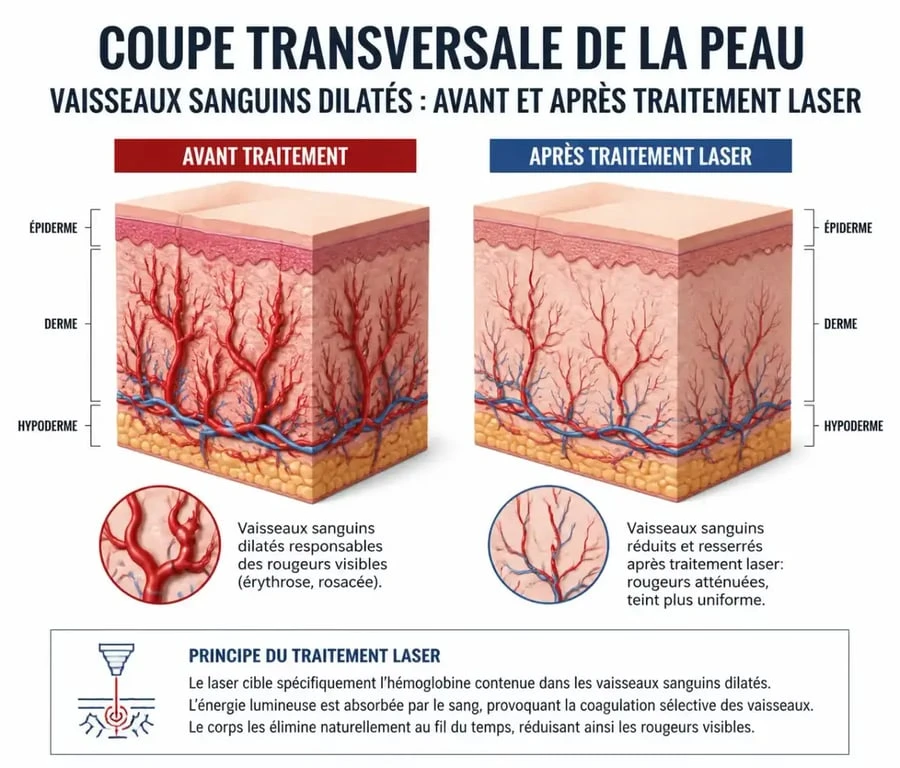 Schéma explicatif du traitement laser pour une couperose disparue et peau uniforme