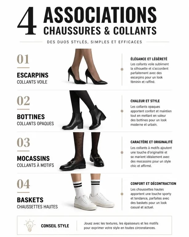 Guide visuel des meilleures associations entre collants et chaussures pour un look élégant