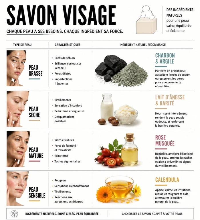 Infographie des meilleurs ingrédients de savon pour chaque type de peau pour choisir le meilleur savon pour visage