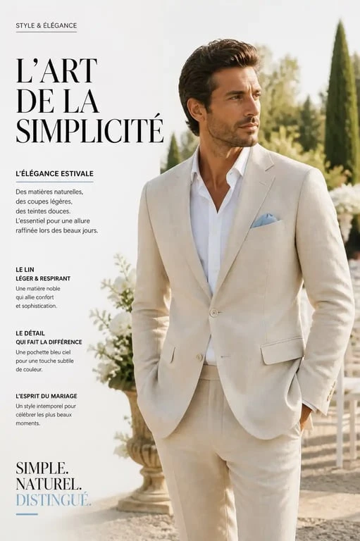 Homme élégant portant une tenue de mariage homme été en lin beige dans un jardin