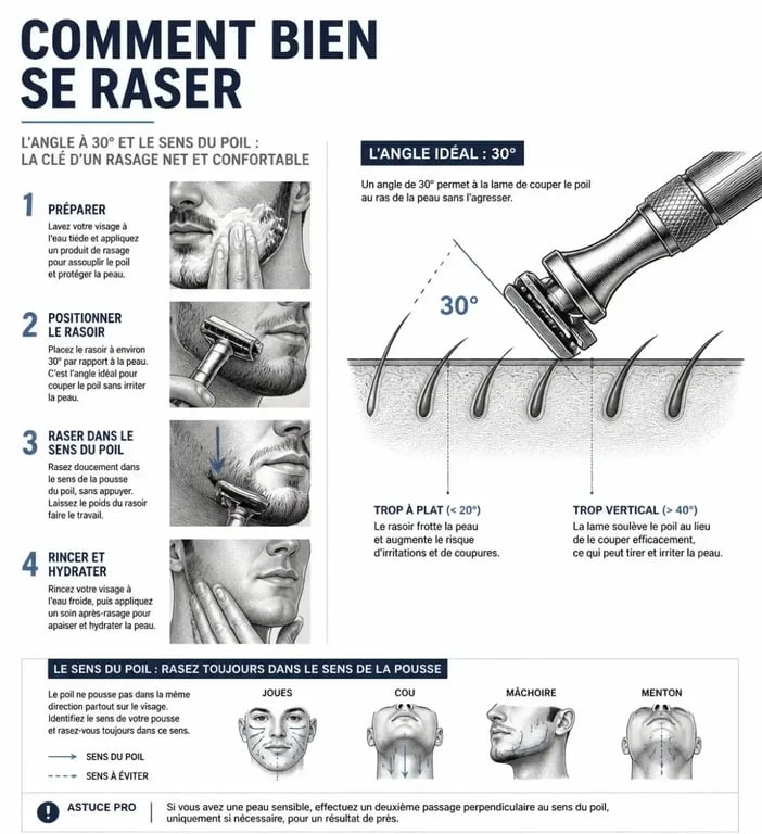 Guide illustré étape par étape pour apprendre comment se raser la barbe correctement sans irritation.