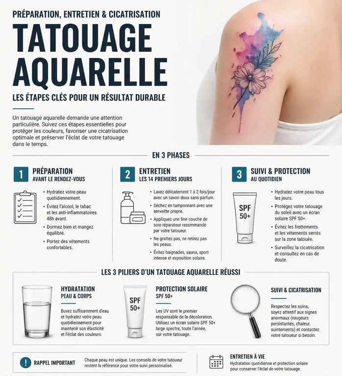 Infographie sur les conseils d'entretien et de préparation pour un tatouage aquarelle