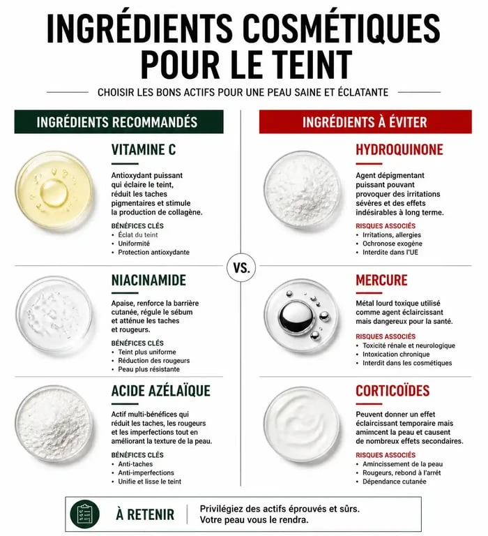 Infographie des ingrédients à privilégier et à éviter dans la meilleure crème éclaircissante pour visage