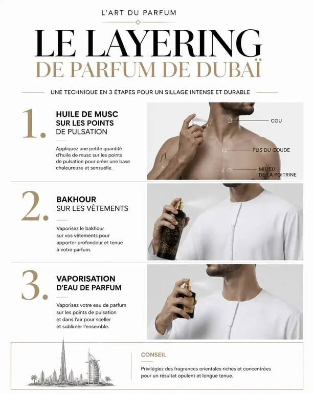 Technique du layering pour parfum de Dubaï : guide visuel des étapes d'application
