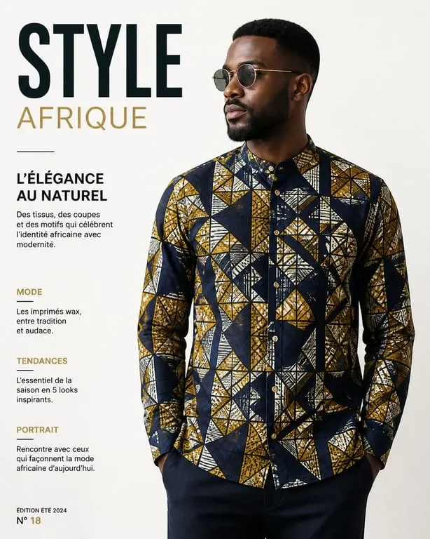 Homme portant une chemise africaine homme en tissu Wax moderne et élégante