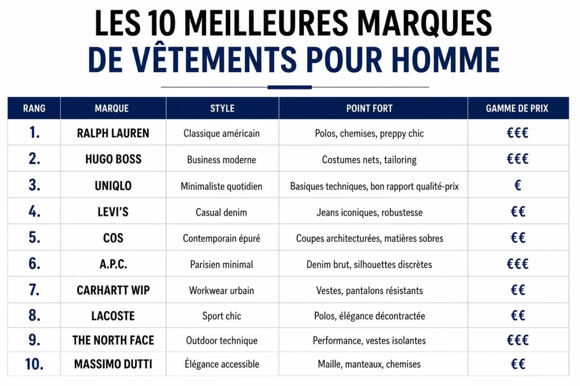 Tableau comparatif des 10 meilleures marques de vêtements homme pour choisir son style et sa qualité