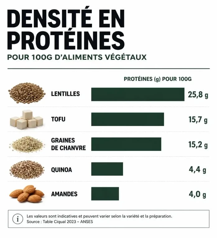 Infographie comparative des sources de protéines végétales et leur teneur en protéines pour 100g.
