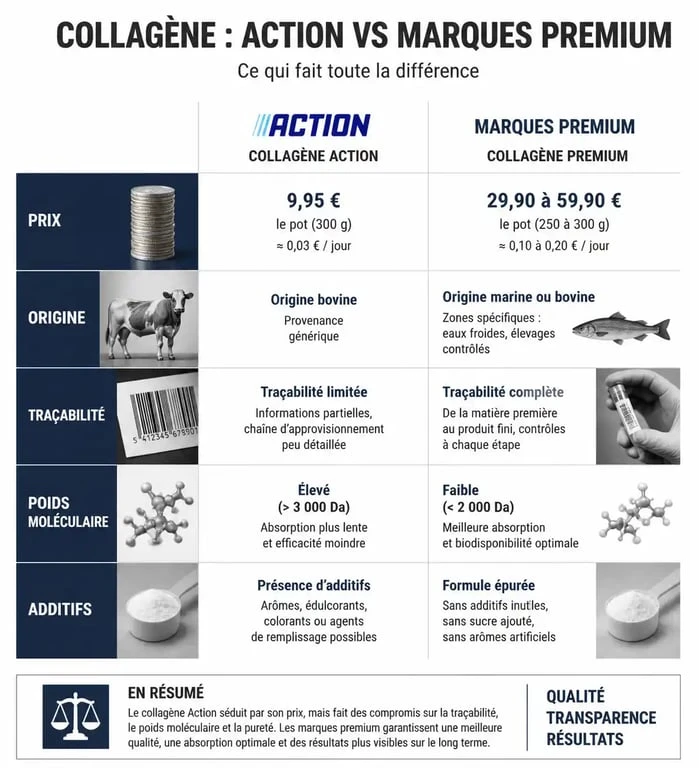 Comparatif du collagène de chez Action et des marques premium : prix, origine et qualité
