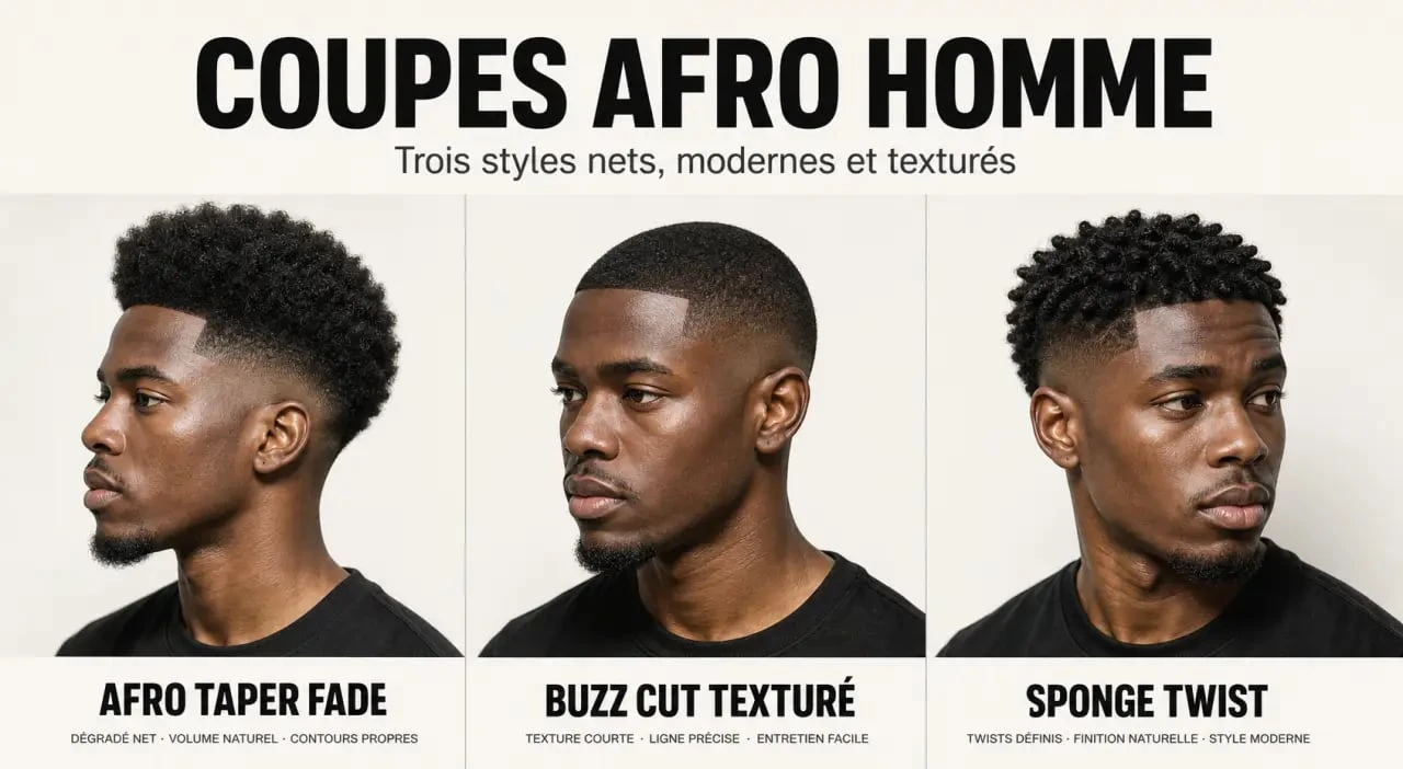 Exemples de coupes afro homme : Afro Taper Fade, Buzz Cut et Sponge Twist pour un style soigné.