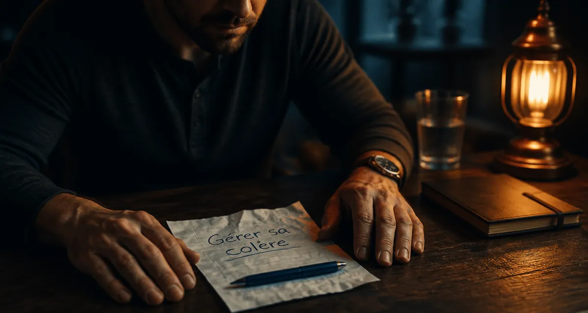 Gérer sa colère, reprendre le contrôle, mains crispées et feuille “Gérer sa colère”