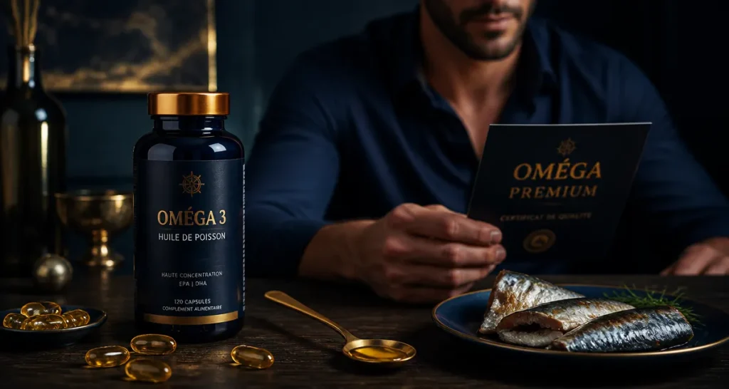 huile de poisson omega 3 sur table avec capsules et sardines