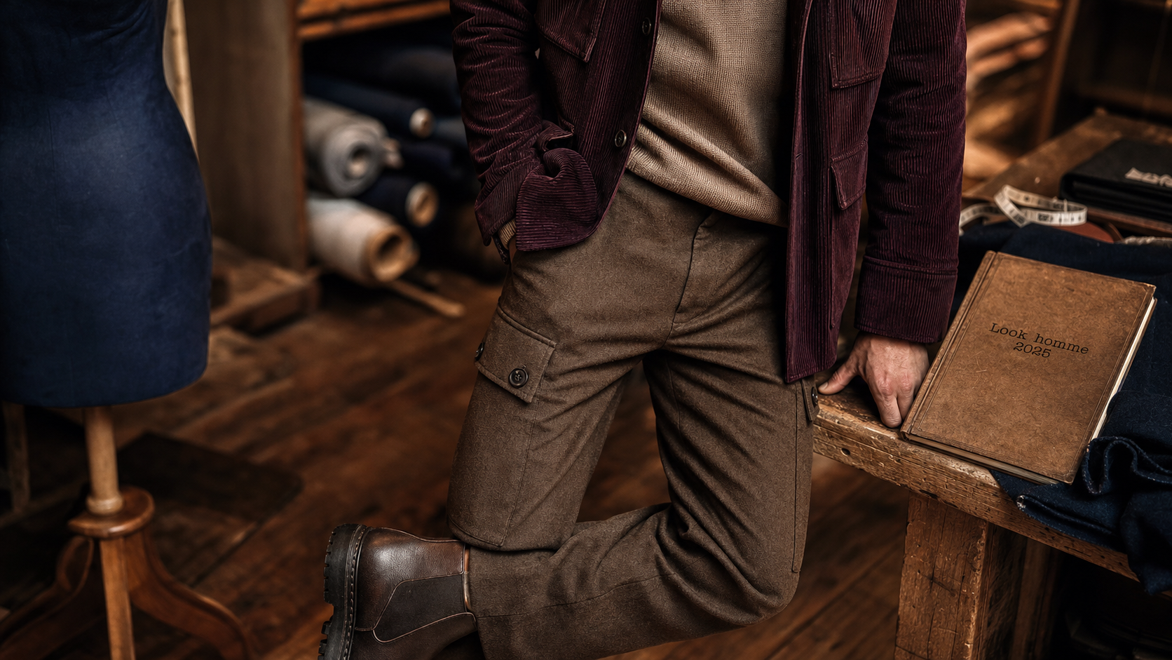 look homme 2025 : veste safari lie-de-vin en velours côtelé et bottines Chelsea