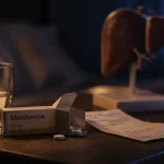 Mélatonine danger foie : comprimés et verre, prudence.