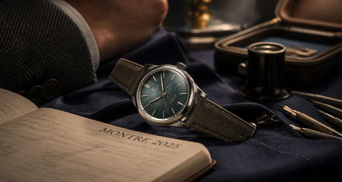 Montre homme 2025 en acier brossé sur tissu bleu nuit, cadran vert sapin